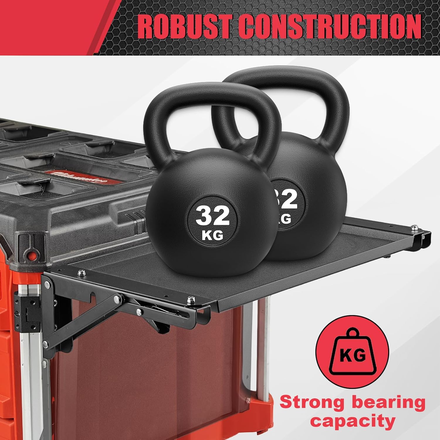 Folding magnetic tool tray table attached to modular tool storage system, portable side workbench with secure magnetic tray holding tools.