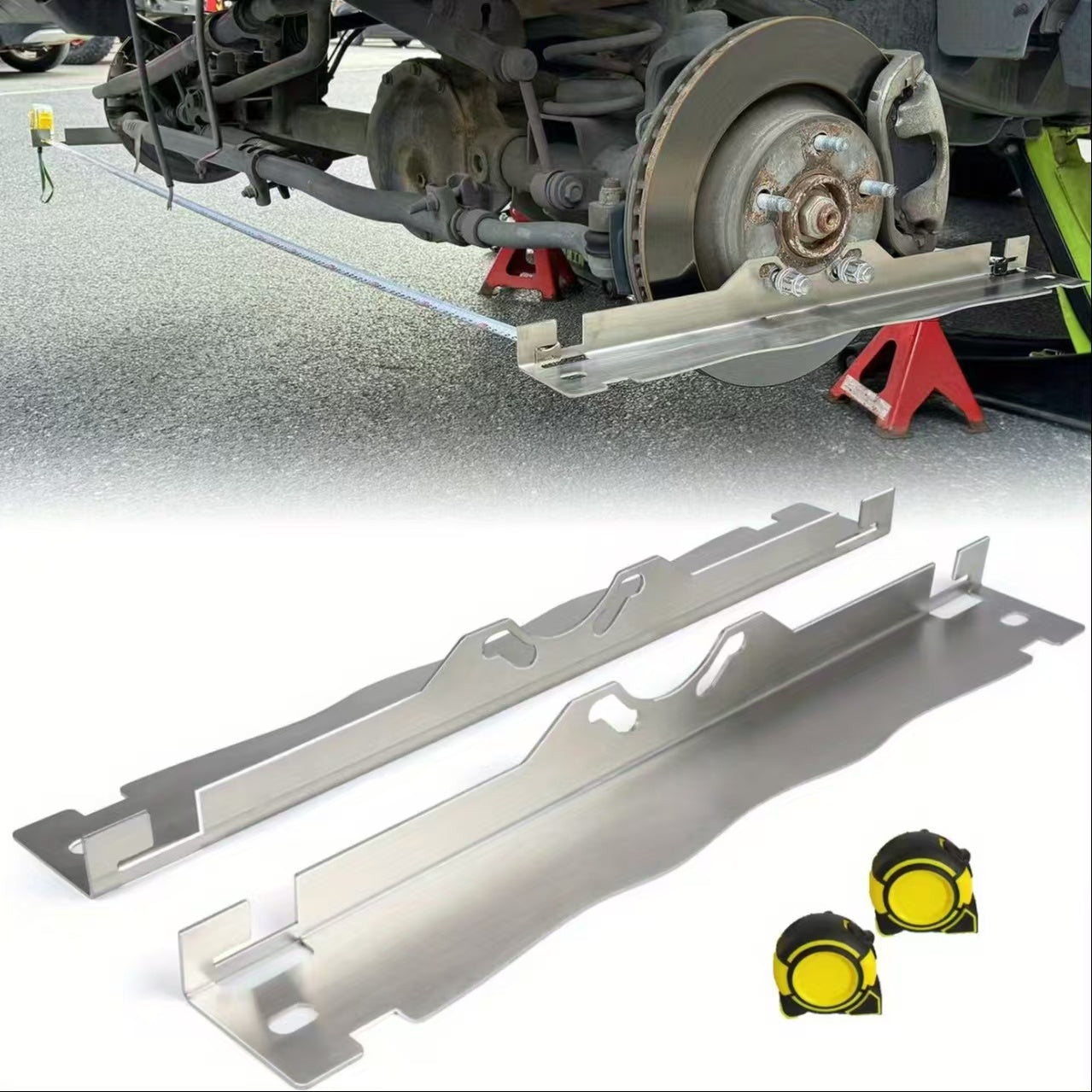 DIY wheel alignment tool kit with stainless steel toe plates and measuring tapes, used for accurate car and truck wheel alignment at home.
