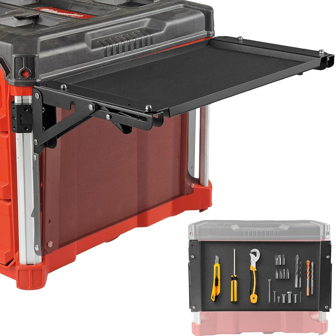 Portable magnetic tool tray attached to a car hood during repair