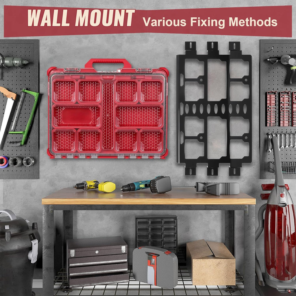 Workshop setup with tools and storage solutions on a gray wall.