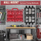 Workshop setup with tools and storage solutions on a gray wall.