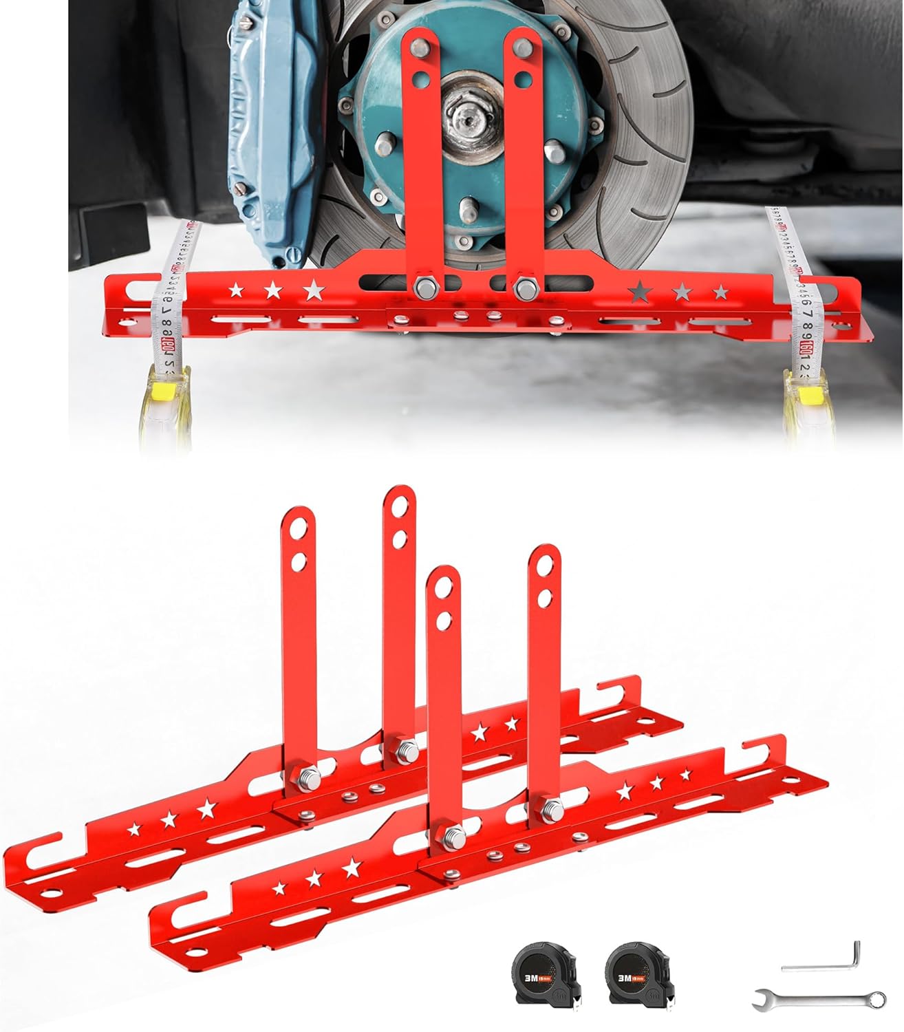 Upgraded Wheel Alignment Tool with Dual Measuring Tapes – Universal Toe Plates for Cars, Trucks & SUVs (14mm/16mm Nuts) – DIY-Friendly, No Caliper Removal – Durable Iron Construction