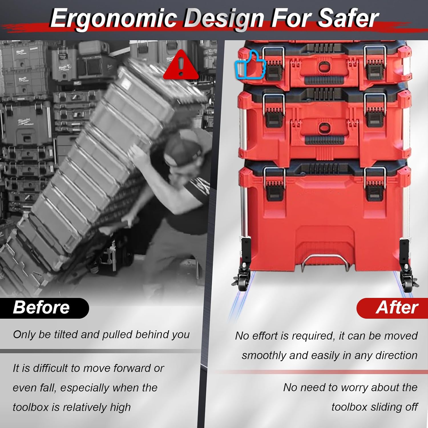 360° Dual Front Wheels, Packout Wheels Compatible with Mil.Waukee Packout Rolling Toolboxes, Packout Toolbox Accessories, 200 Lbs Capacity