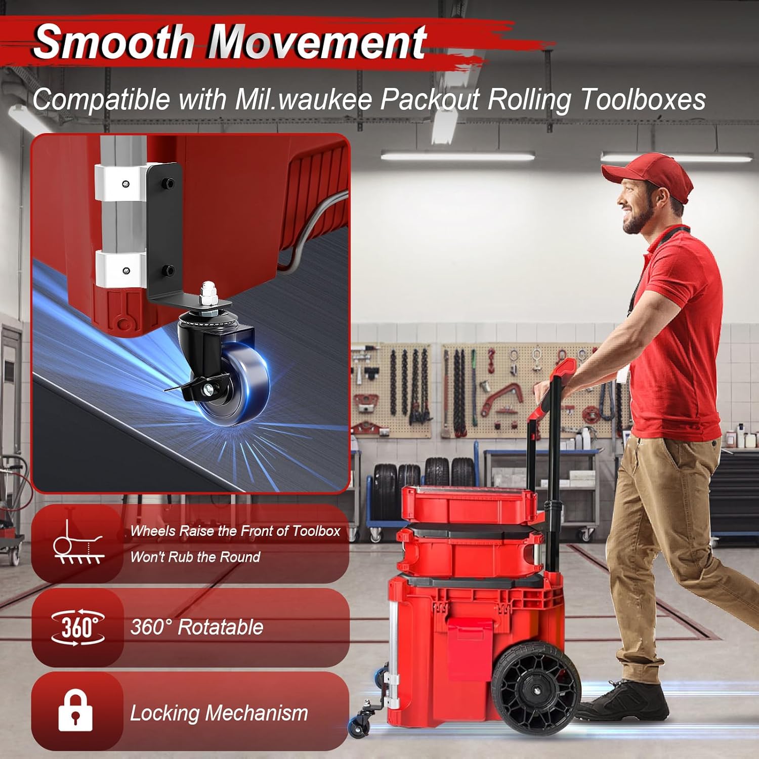 360° Dual Front Wheels, Packout Wheels Compatible with Mil.Waukee Packout Rolling Toolboxes, Packout Toolbox Accessories, 200 Lbs Capacity