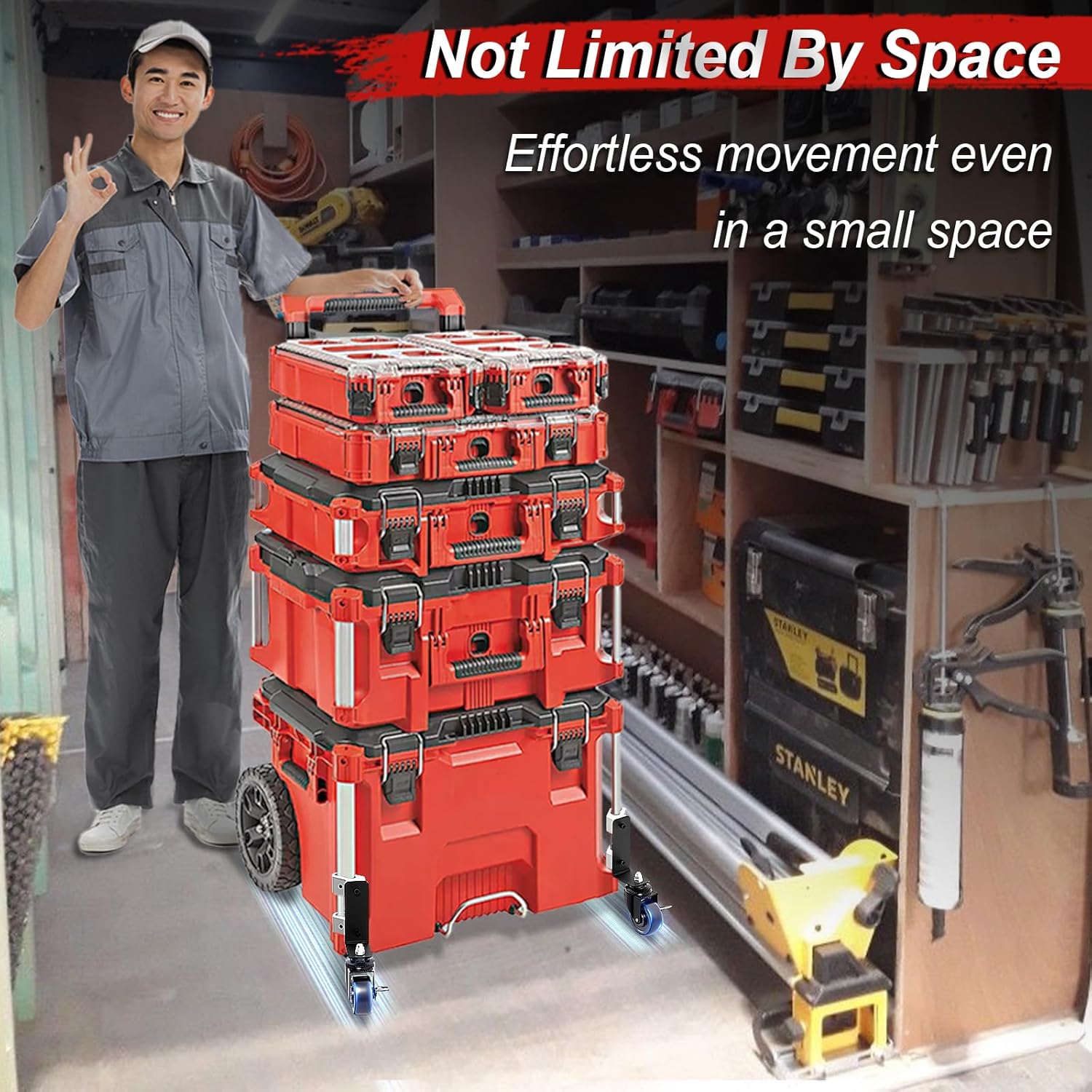 360° Dual Front Wheels, Packout Wheels Compatible with Mil.Waukee Packout Rolling Toolboxes, Packout Toolbox Accessories, 200 Lbs Capacity