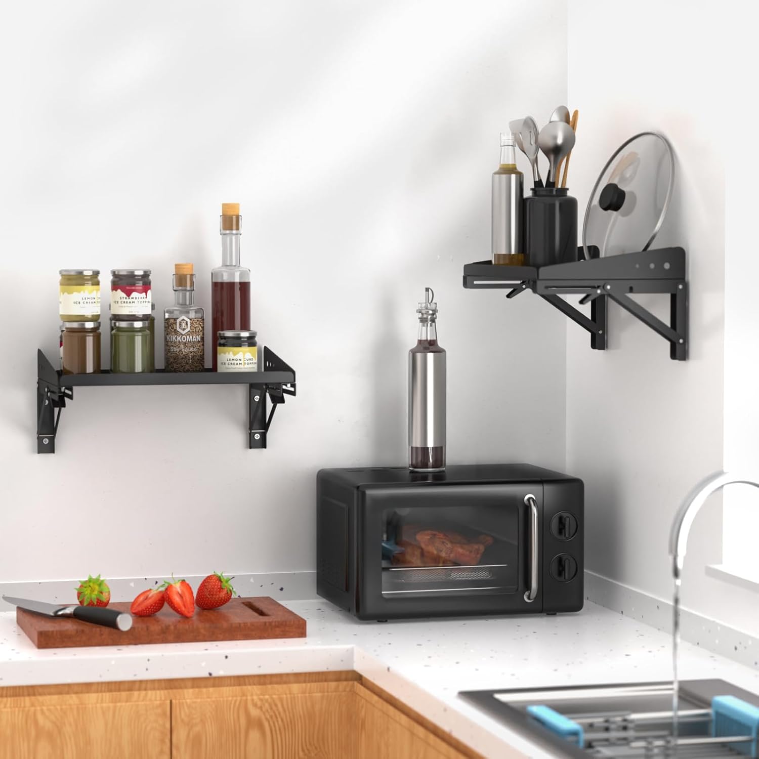 Garage Folding Storage Rack Shelves,200LB Metal Wall Mounted Adjustable Rail Shelf for Garage,Power Tools,Toolbox,Storage Shelves with Lip for Workshop Kitchen Office (2 Pack)