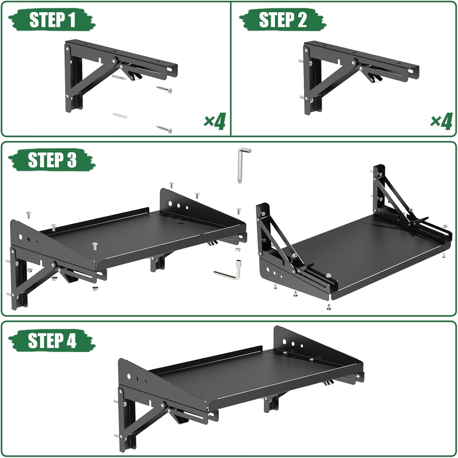 Garage Folding Storage Rack Shelves,200LB Metal Wall Mounted Adjustable Rail Shelf for Garage,Power Tools,Toolbox,Storage Shelves with Lip for Workshop Kitchen Office (2 Pack)