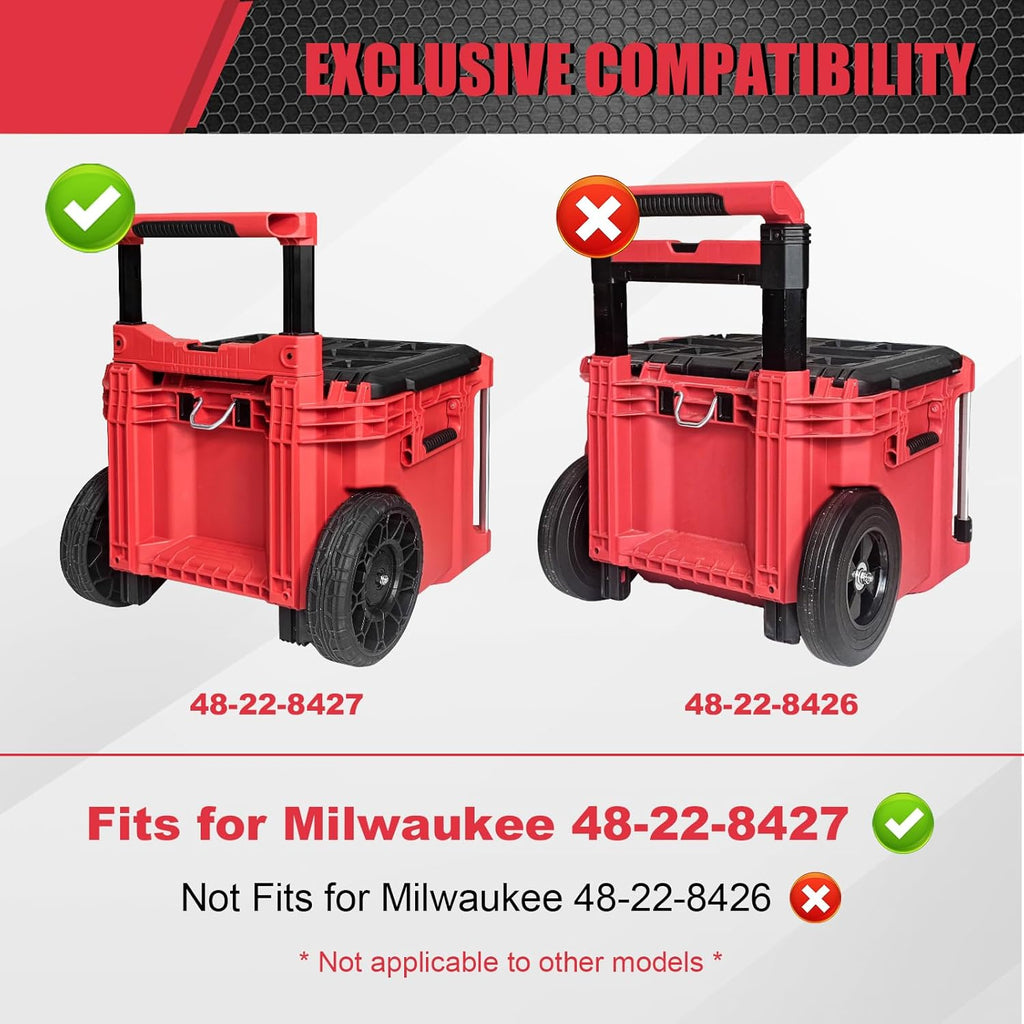 Red tool cart with compatibility information for Milwaukee tool box models on a white background.