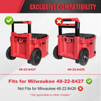 Red tool cart with compatibility information for Milwaukee tool box models on a white background.