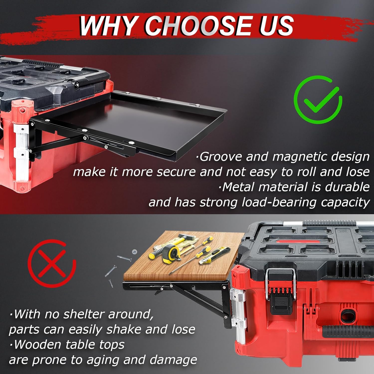 Magnetic Kit Compatible with Milwaukee Packout Toolbox, Folding Table Top Compatible with Milwaukee Packout, Tool Tray Side Bracket Compatible with Rails, No Drilling