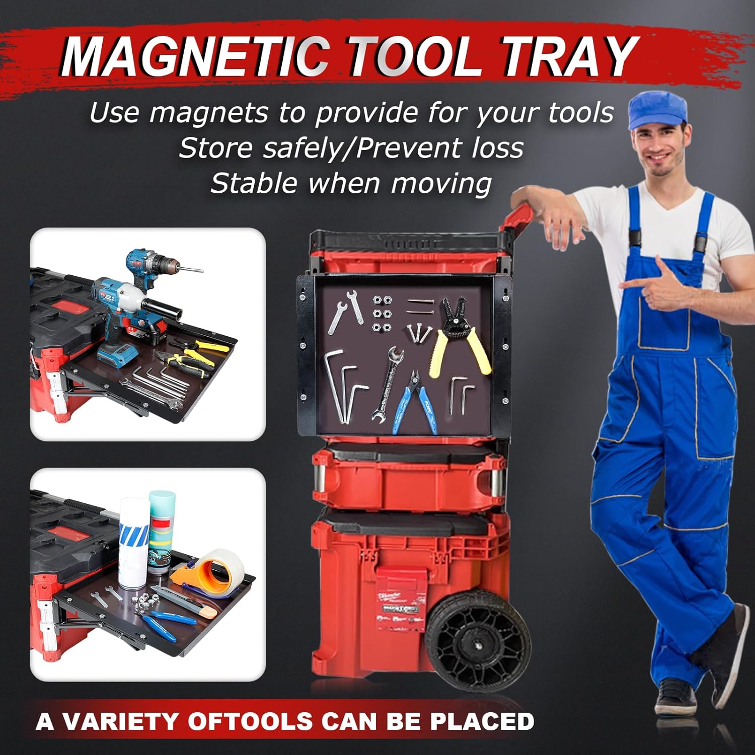 Magnetic Kit Compatible with Milwaukee Packout Toolbox, Folding Table Top Compatible with Milwaukee Packout, Tool Tray Side Bracket Compatible with Rails, No Drilling