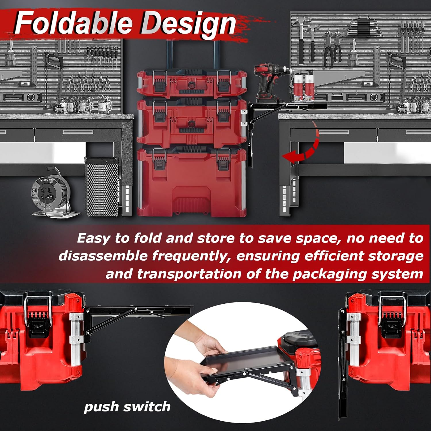 Magnetic Kit Compatible with Milwaukee Packout Toolbox, Folding Table Top Compatible with Milwaukee Packout, Tool Tray Side Bracket Compatible with Rails, No Drilling