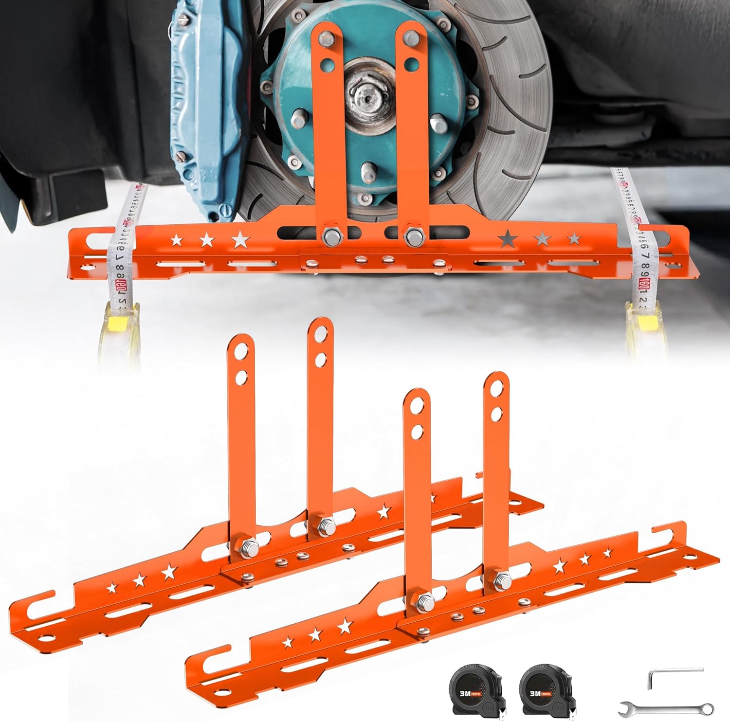 Upgraded Wheel Alignment Tool with Dual Measuring Tapes – Universal Toe Plates for Cars, Trucks & SUVs (14mm/16mm Nuts) – DIY-Friendly, No Caliper Removal – Durable Iron Construction