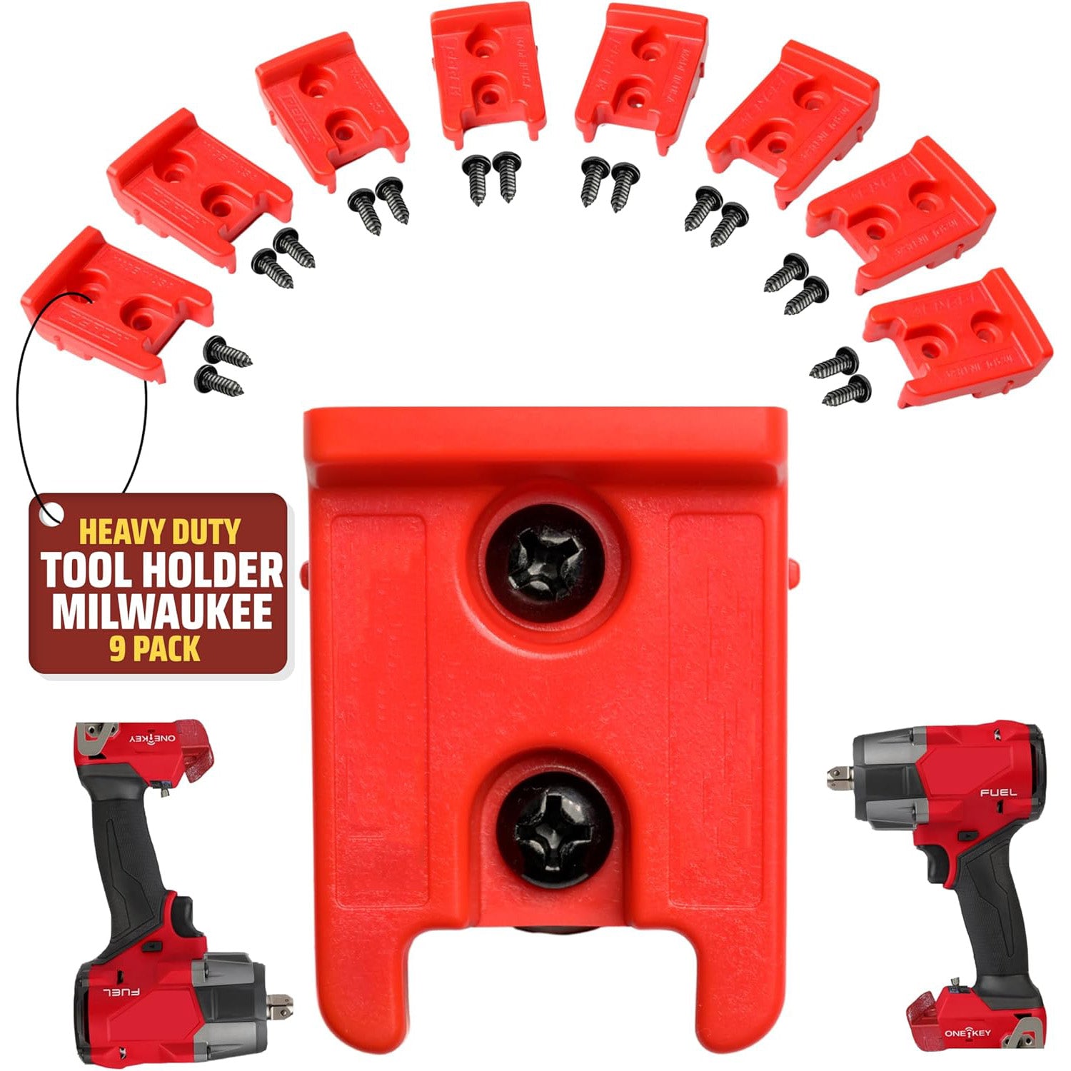 Red Milwaukee tool holder with accessories on a white background