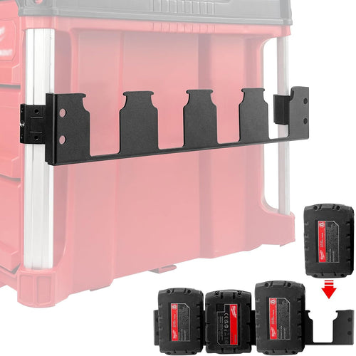 4-Slot Battery Holder for Modular Tool Storage Systems – Side Mount Battery Organizer with Corner Rail Clips, Secure & Easy Access