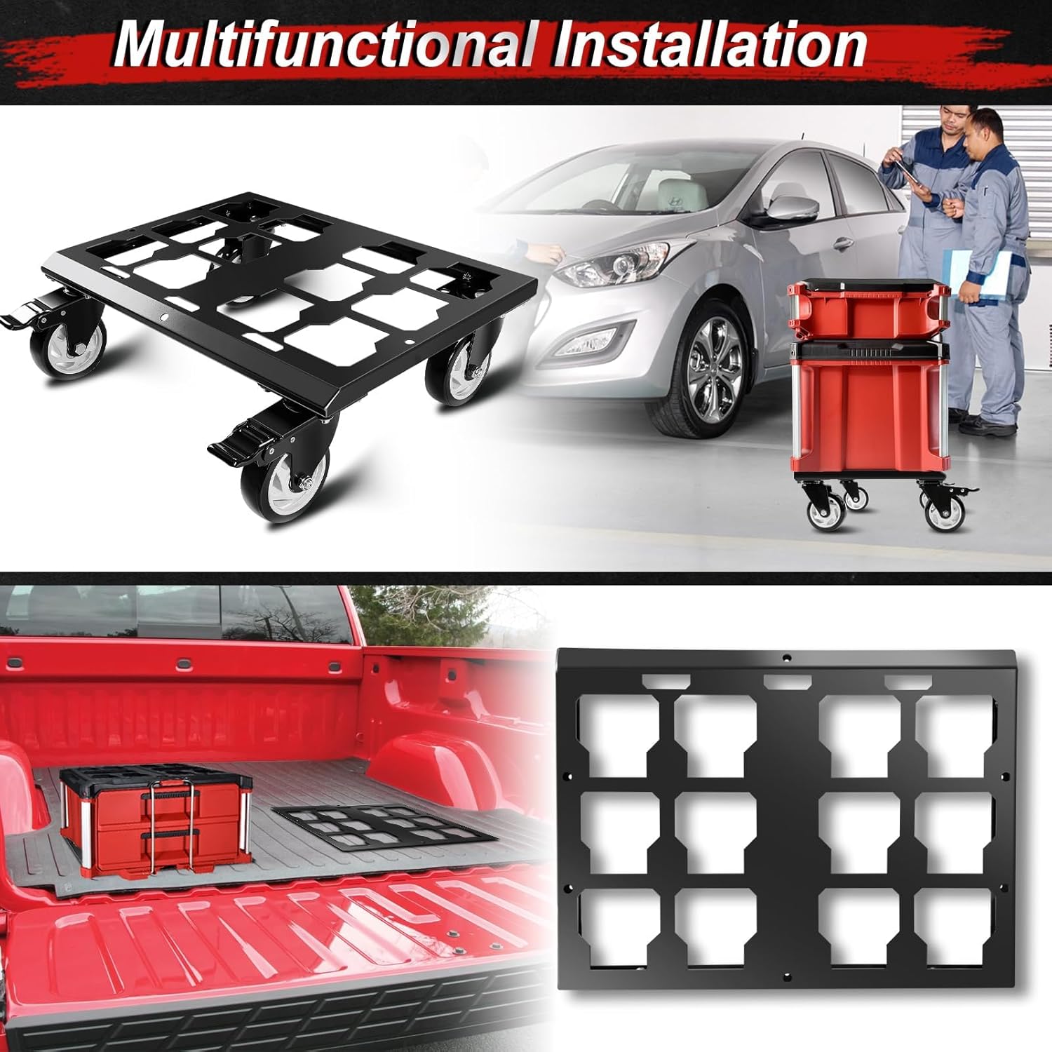 Multifunctional installation product with car, dolly, and tool organizer in a collage.