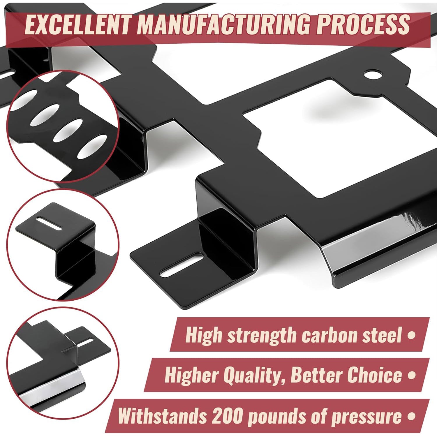 Black metal bracket with high strength carbon steel features and durability text.