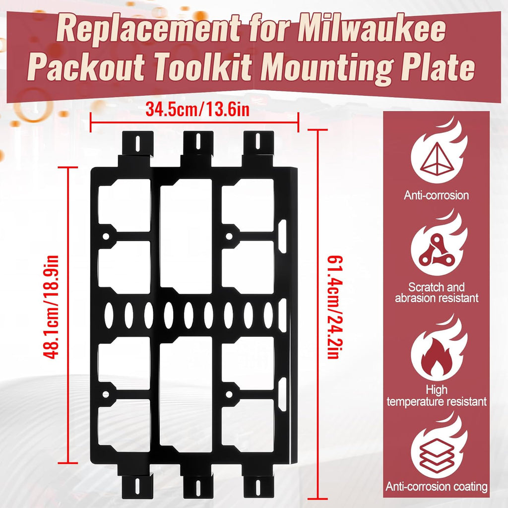 Packout toolkit mounting plate replacement for Milwaukee, with dimensions and feature highlights on a white background.