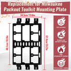 Packout toolkit mounting plate replacement for Milwaukee, with dimensions and feature highlights on a white background.