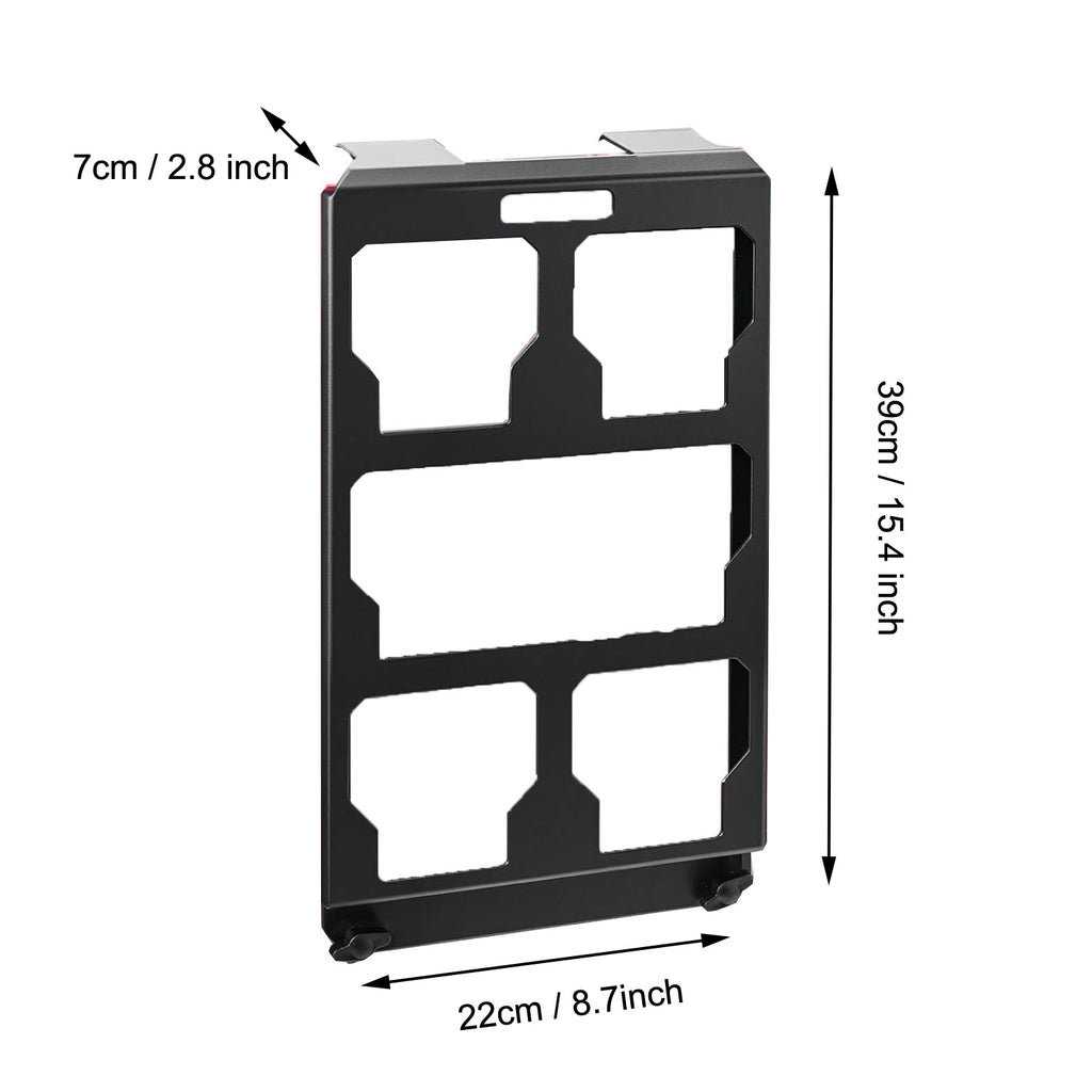Black metal bracket with dimensions labeled on a white background