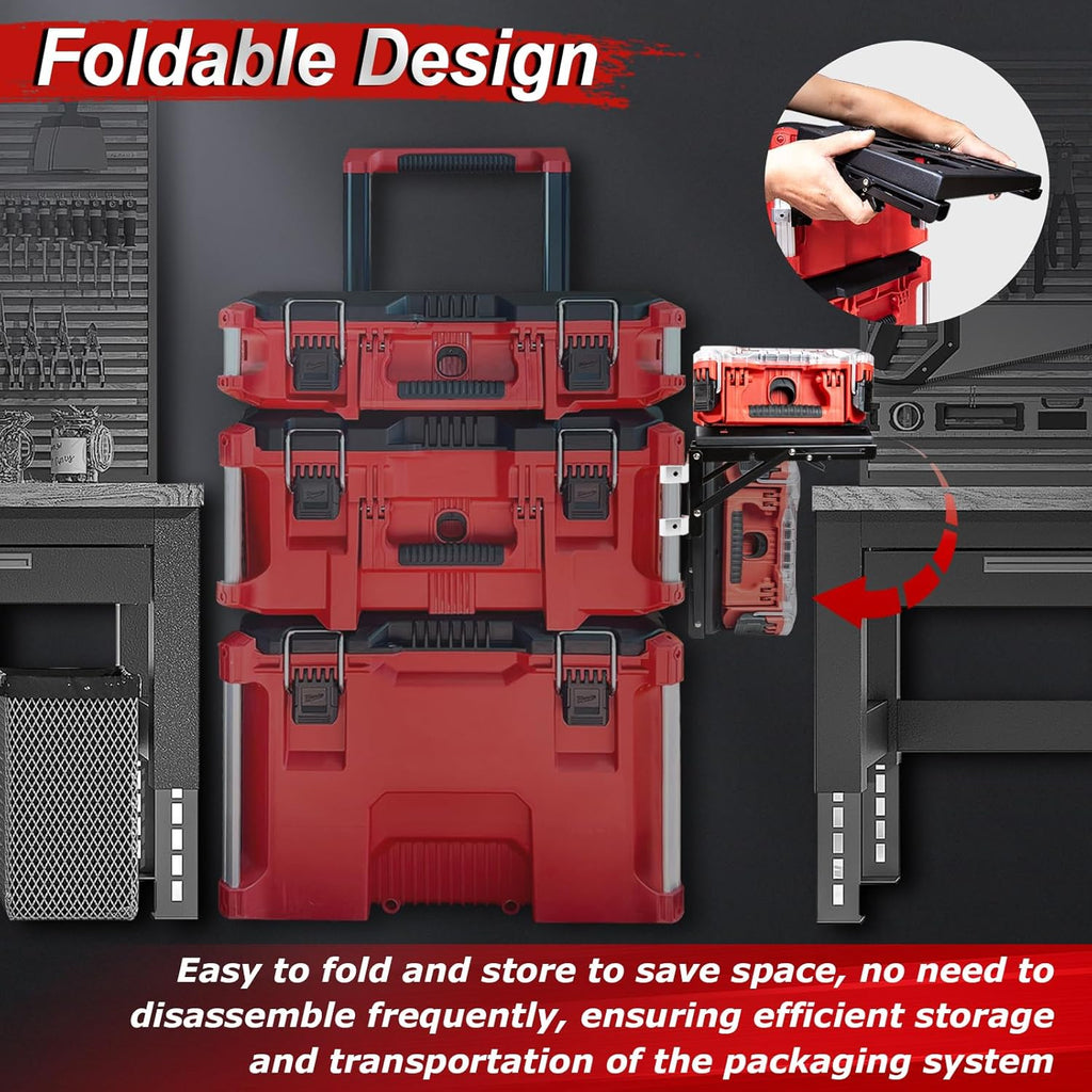 Folding Packout Mount Compatible with Milwaukee Packout Toolbox Side Storage, Rugged All-metal Frame, Compatible with Rails No Drilling Required, Saving Space, Can be Mounted on Wall or Floor