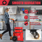 Person pushing a red cart with wheels in a kitchen setting, highlighting smooth navigation features.