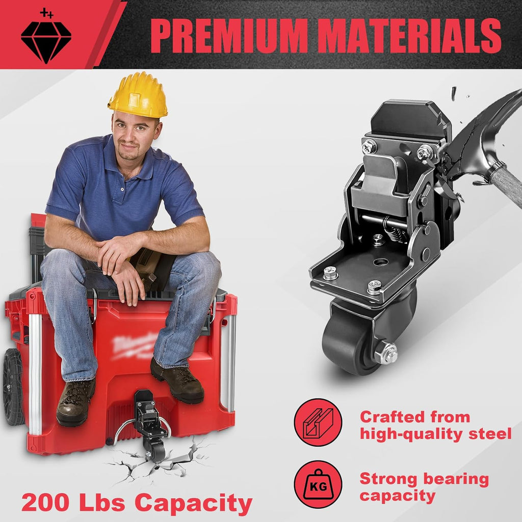 Person sitting on a red tool cart with a metal tool, highlighting premium materials and capacity.