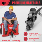 Person sitting on a red tool cart with a metal tool, highlighting premium materials and capacity.