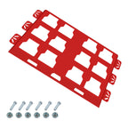 Red metal bracket with white cutouts and screws on a white background
