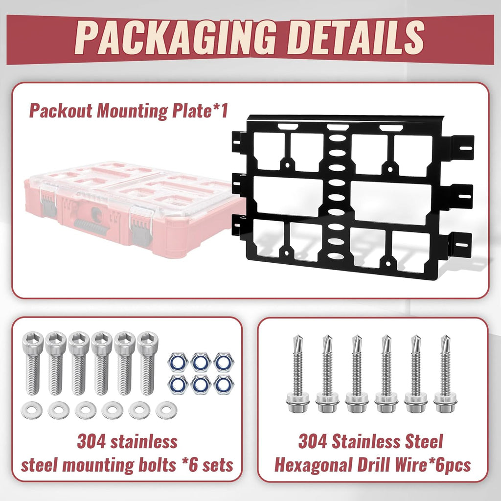 Packaging details of a packout mounting plate with screws and drill wire on a white background.
