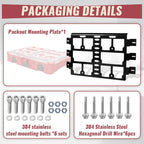 Packaging details of a packout mounting plate with screws and drill wire on a white background.