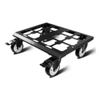 Black metal dolly with wheels on a white background