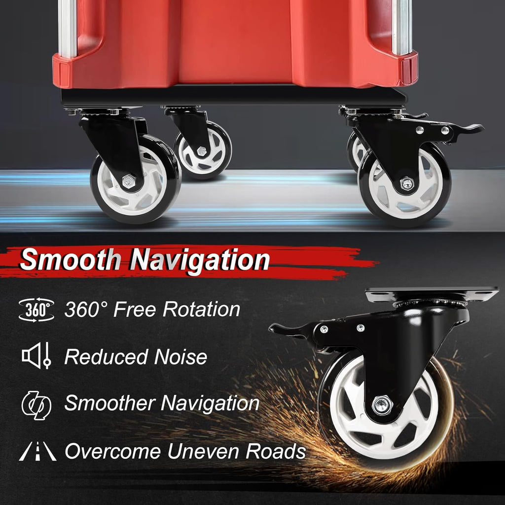 Red cart with wheels on a dark background, highlighting smooth navigation features.