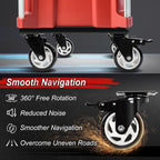 Red cart with wheels on a dark background, highlighting smooth navigation features.