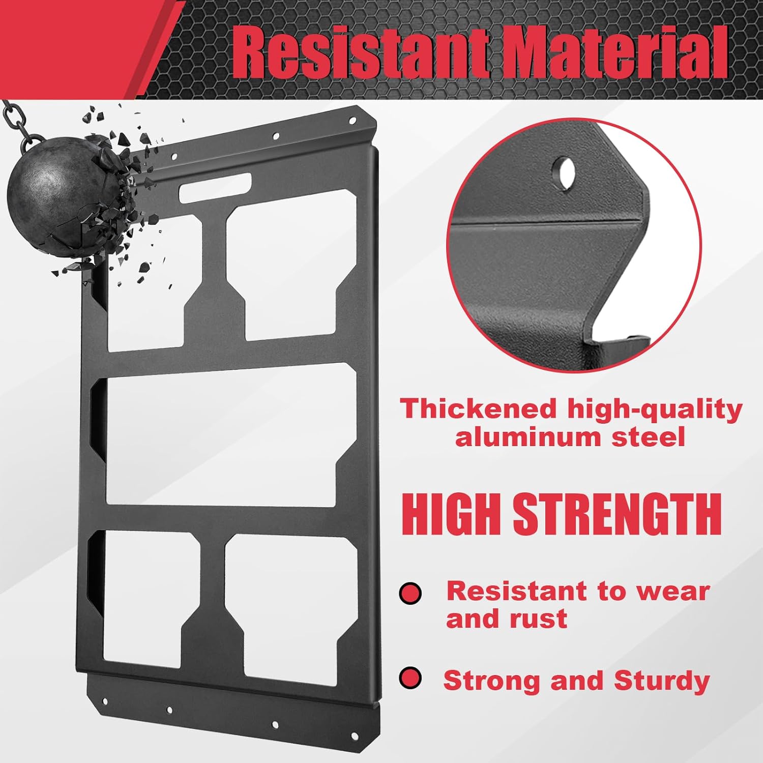 Metal plate with text highlighting high strength and resistant material, featuring a hammer striking the plate.