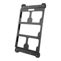 Black metal bracket with multiple slots on a white background