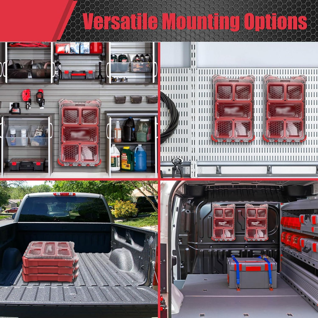 Collage of storage solutions with red and gray containers in various settings.