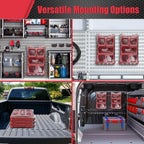 Collage of storage solutions with red and gray containers in various settings.