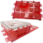 Red plastic tray with multiple compartments on a white background
