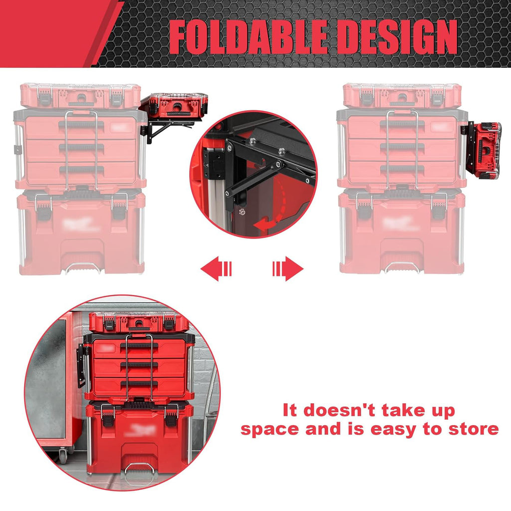 Folding Packout Mount Compatible with Milwaukee Packout Toolbox Side Storage, Rugged All-metal Frame, Compatible with Rails No Drilling Required, Saving Space, Can be Mounted on Wall or Floor