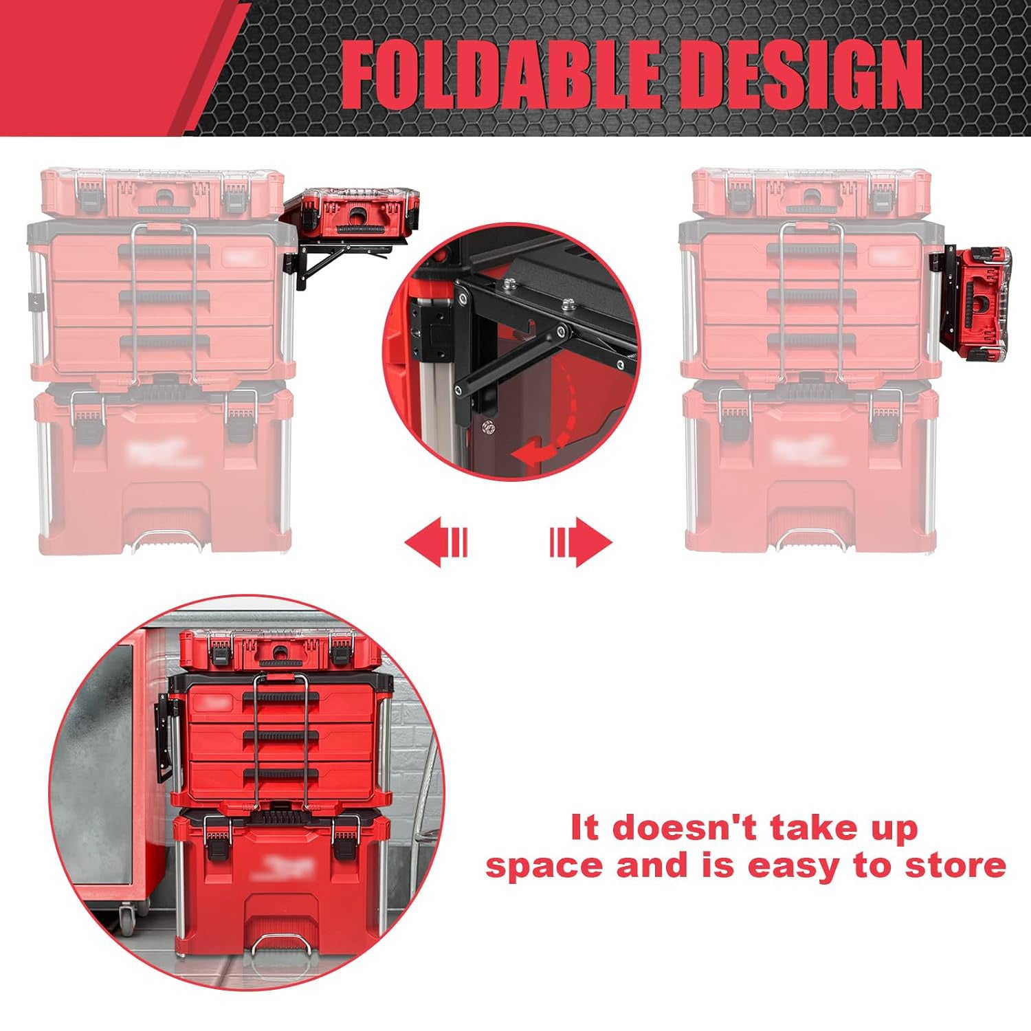 Folding Packout Mount Compatible with Milwaukee Packout Toolbox Side Storage, Rugged All-metal Frame, Compatible with Rails No Drilling Required, Saving Space, Can be Mounted on Wall or Floor