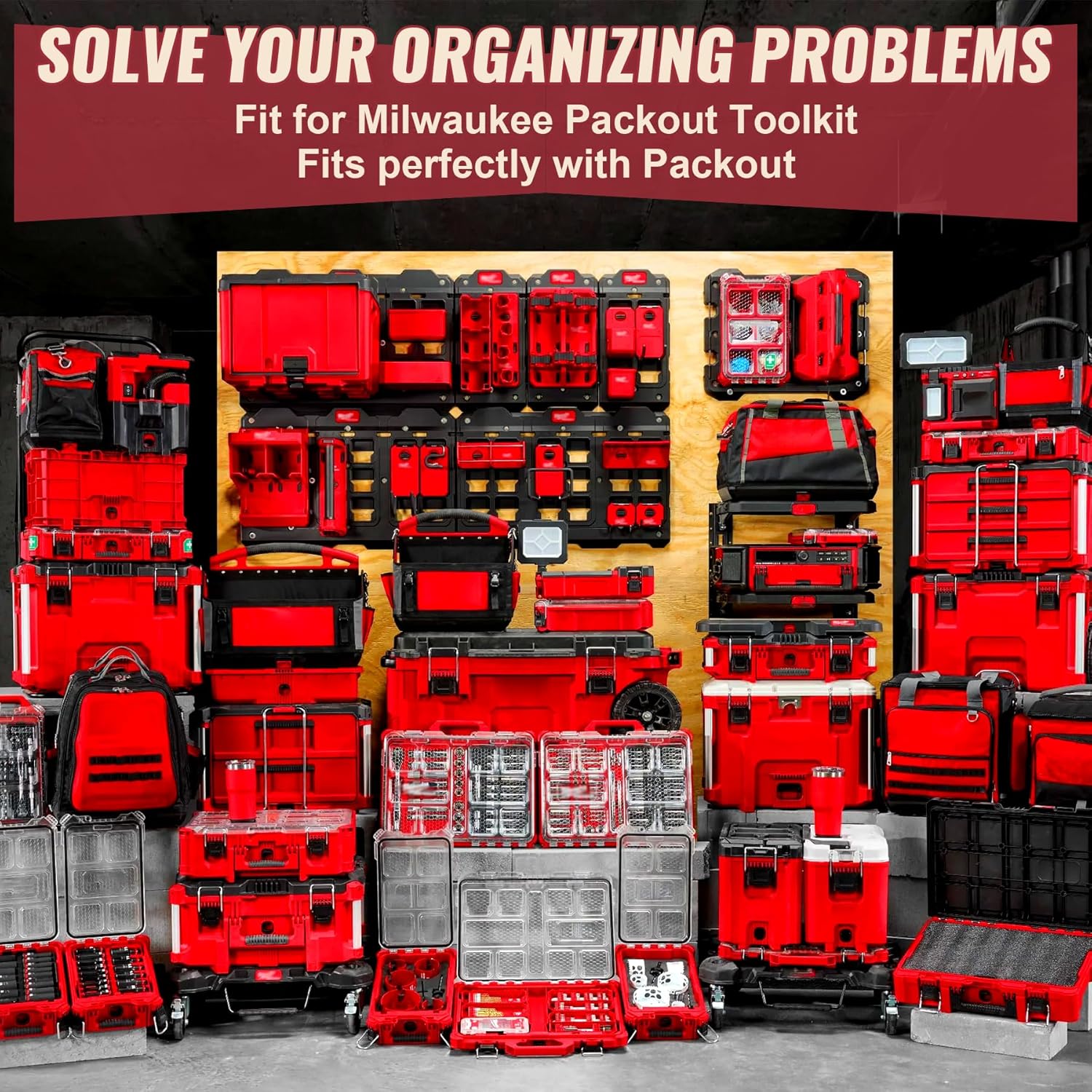 Collection of red toolboxes and storage units with promotional text for Milwaukee Packout Toolkit.