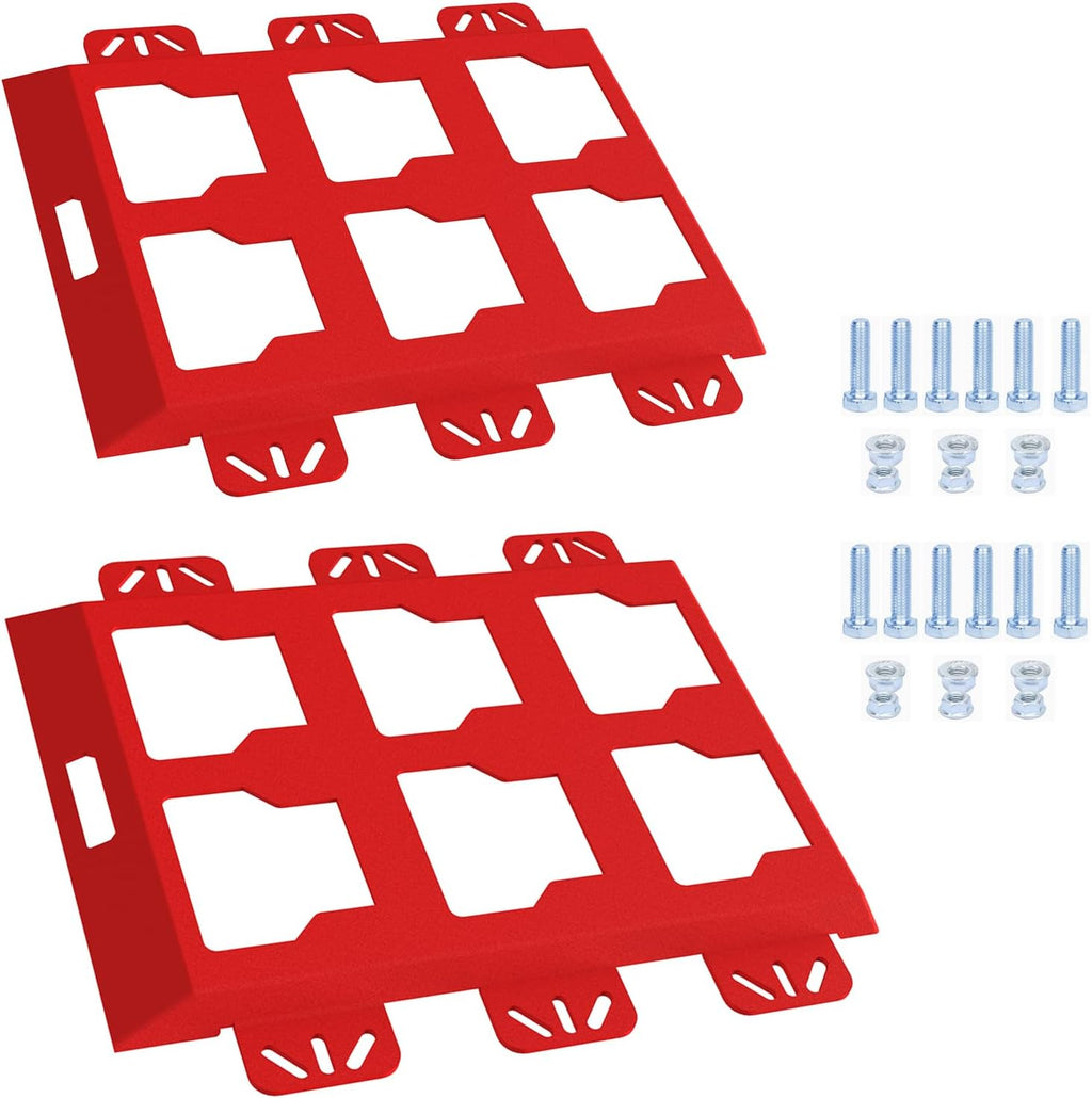 Two red metal frames with multiple holes and blue screws on a white background