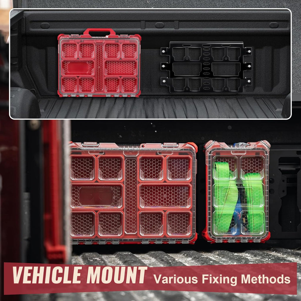 Red tool case with compartments on a vehicle interior, showing various fixing methods.