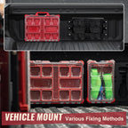 Red tool case with compartments on a vehicle interior, showing various fixing methods.