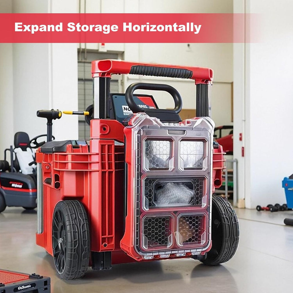 Red tool cart with expandable storage compartments in a workshop setting.