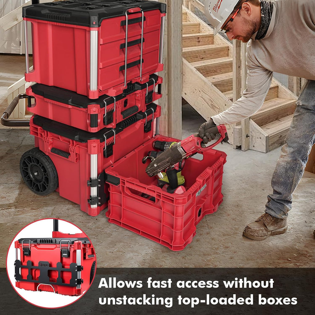 Red tool crate with wheels being used by a person in a construction setting, with text highlighting its features.