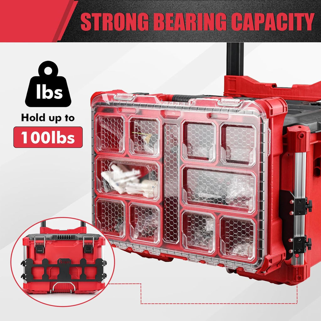 Red tool organizer with compartments and text indicating strong bearing capacity and weight limit.