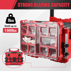 Red tool organizer with compartments and text indicating strong bearing capacity and weight limit.