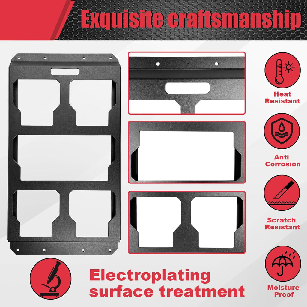 Metal protective plate with features highlighted on a red and gray background
